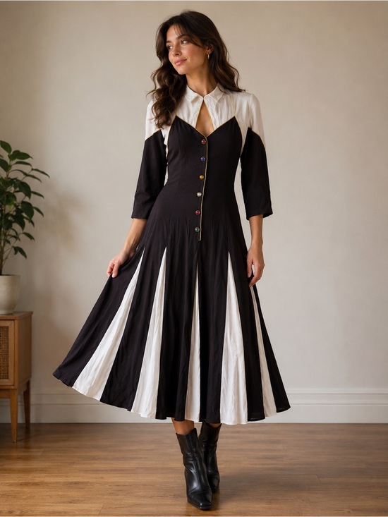 Vintage Dresses & Skirts - Vintage D.Frank Black and White Long-Sleeve Paneled pleated Drop Waist Dress